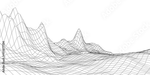 Vector mountain wireframe landscape. Technology polygonal terrain. Futuristic background.