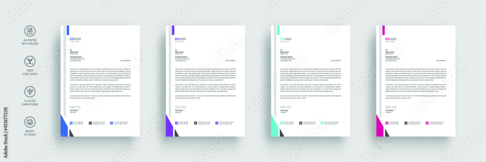 Letterhead template in flat style, letterhead set or bundle