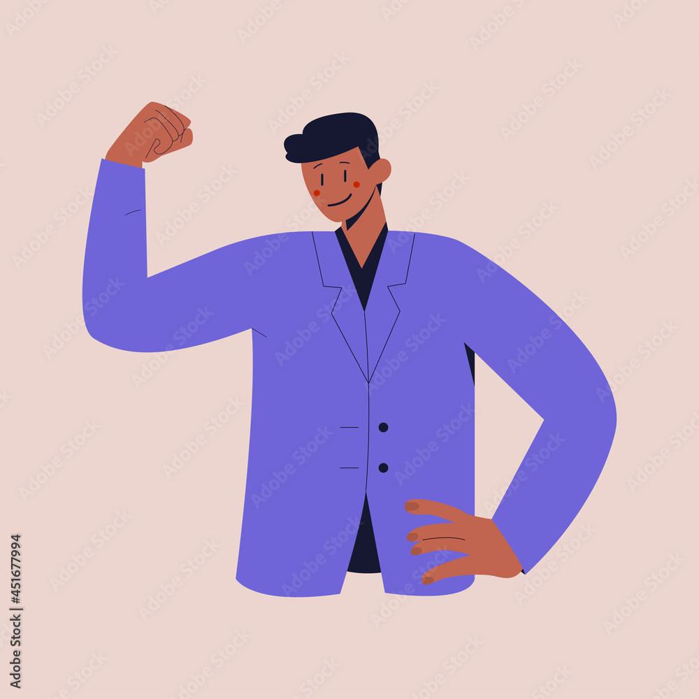 A black man in a business suit raised fist with confidence. Colorful flat vector illustration on isolated background. Eps 10.
