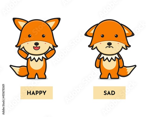 Cute fox happy and sad antonym card cartoon icon vector illustration