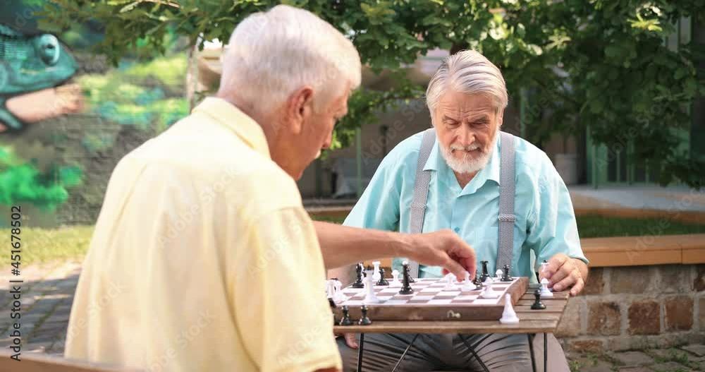 Back view on the senior caucasian grandfather sitting in his yard with old neighbor and talking while playing chess. Outdoors. Back view on the senior caucasian grandfather sitting in his yard with old neighbor and talking while playing chess. Outdoors.