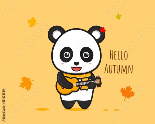 Panda playing guitar hello autumn banner cartoon icon vector illustration