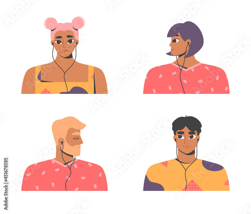 Set of people listening to music, podcast, audio book, radio in earphones. Collection of young men and women in headphones. Audiobook, podcasting concept. Isolated flat vector illustration