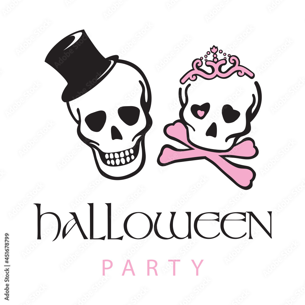 Halloween logo. Gentleman and lady skeleton icon. Smile sculls with had hat and princess crown. 