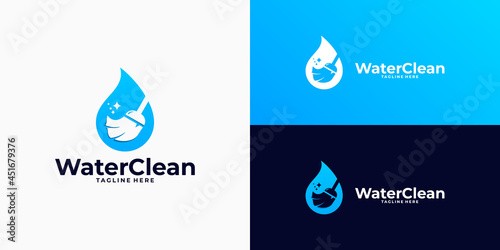 water cleaning logo combination with broom, brush logo