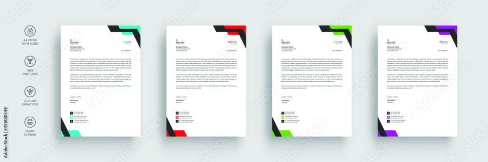 Letterhead template in flat style, letterhead set or bundle