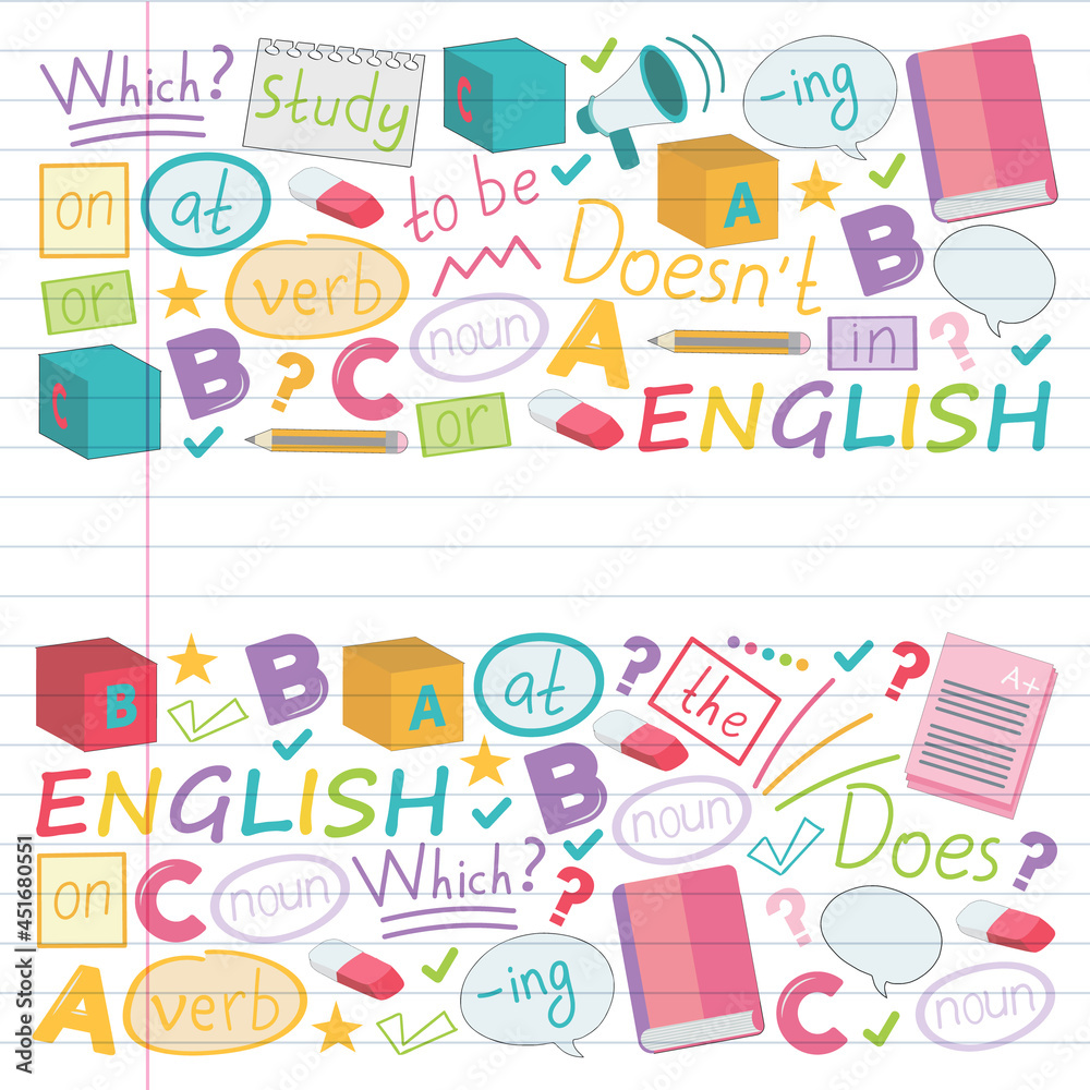 Concept of learning English. Flat design, vector pattern. English courses. Concept of learning English. Flat design, vector pattern. English courses.