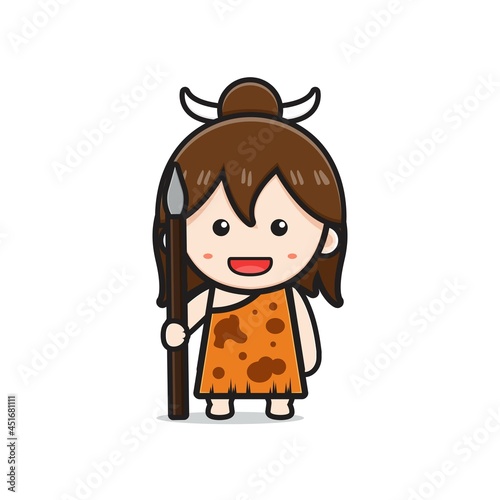 Cute primitive cave girl holding spear cartoon icon illustration