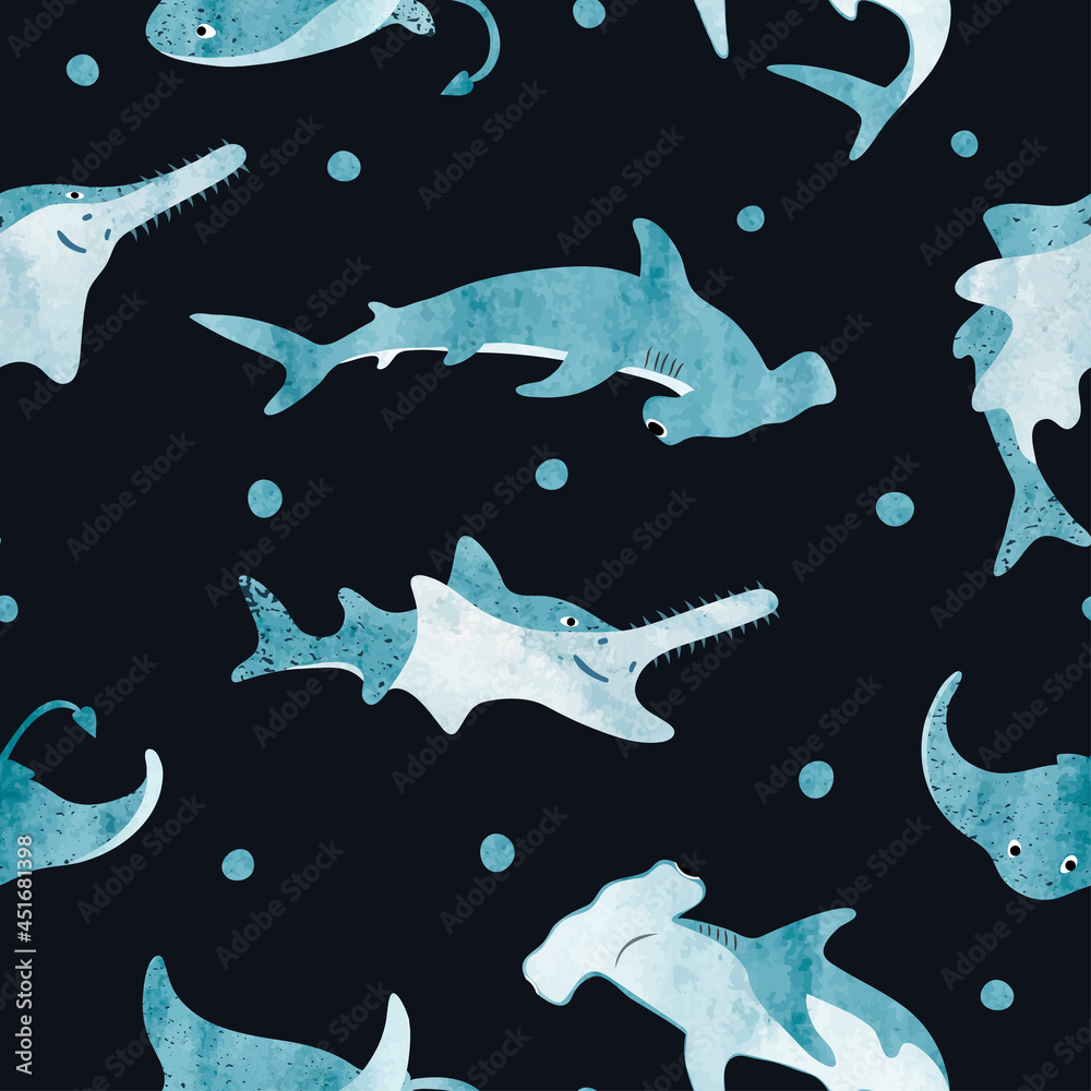 Fototapeta premium Seamless cute sea animals pattern. Vector watercolor background with shark, skate, sawfish.