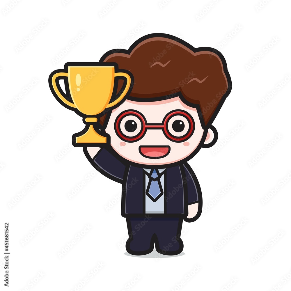 Cute successful businessman holding trophy cartoon vector icon illustration