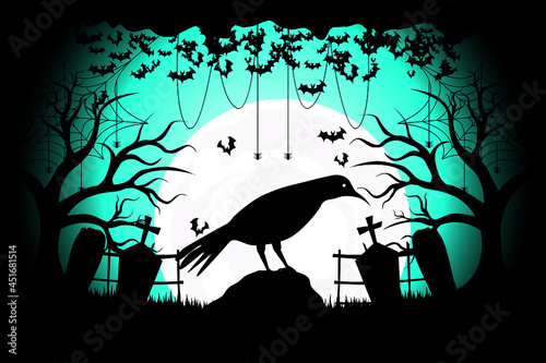Happy Halloween. Vulture on a spooky graveyard 