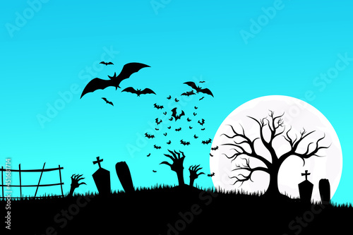 Happy Halloween. The atmosphere is tense in the grave with the moonlight illuminating the night 