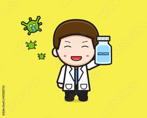 Cute doctor holding vaccine cartoon icon illustration