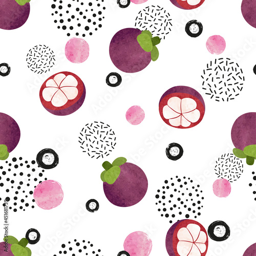 Seamless abstract pattern with mangosteen fruit. Vector tropic illustration.	
