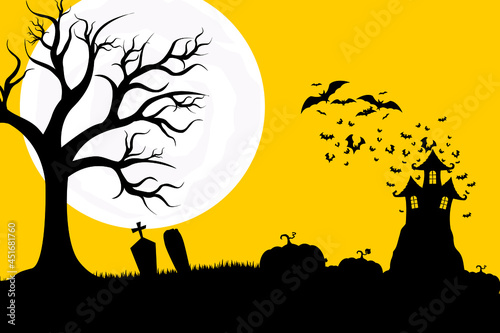 Happy Halloween with spooky tree and bats  orange background illustration