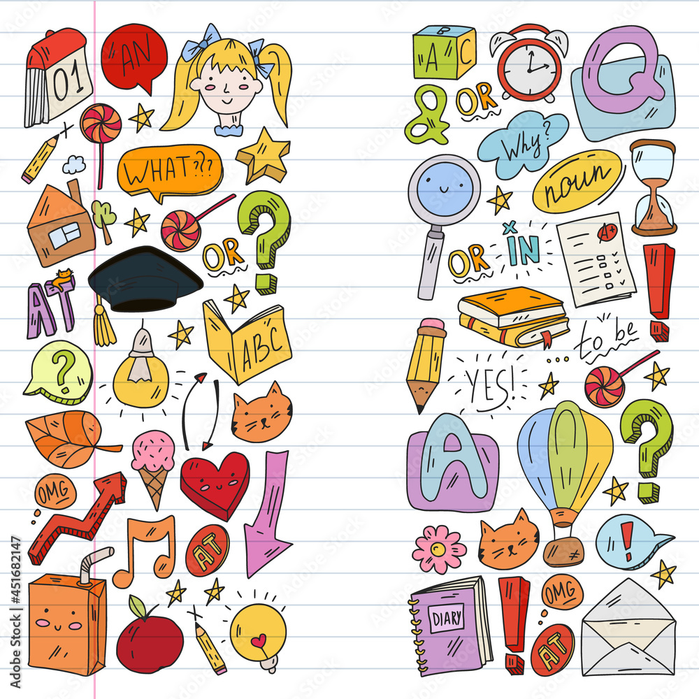 Back to school. Vector illustration with icons about education. English learning. Online internet courses. Back to school. Vector illustration with icons about education. English learning. Online internet courses.