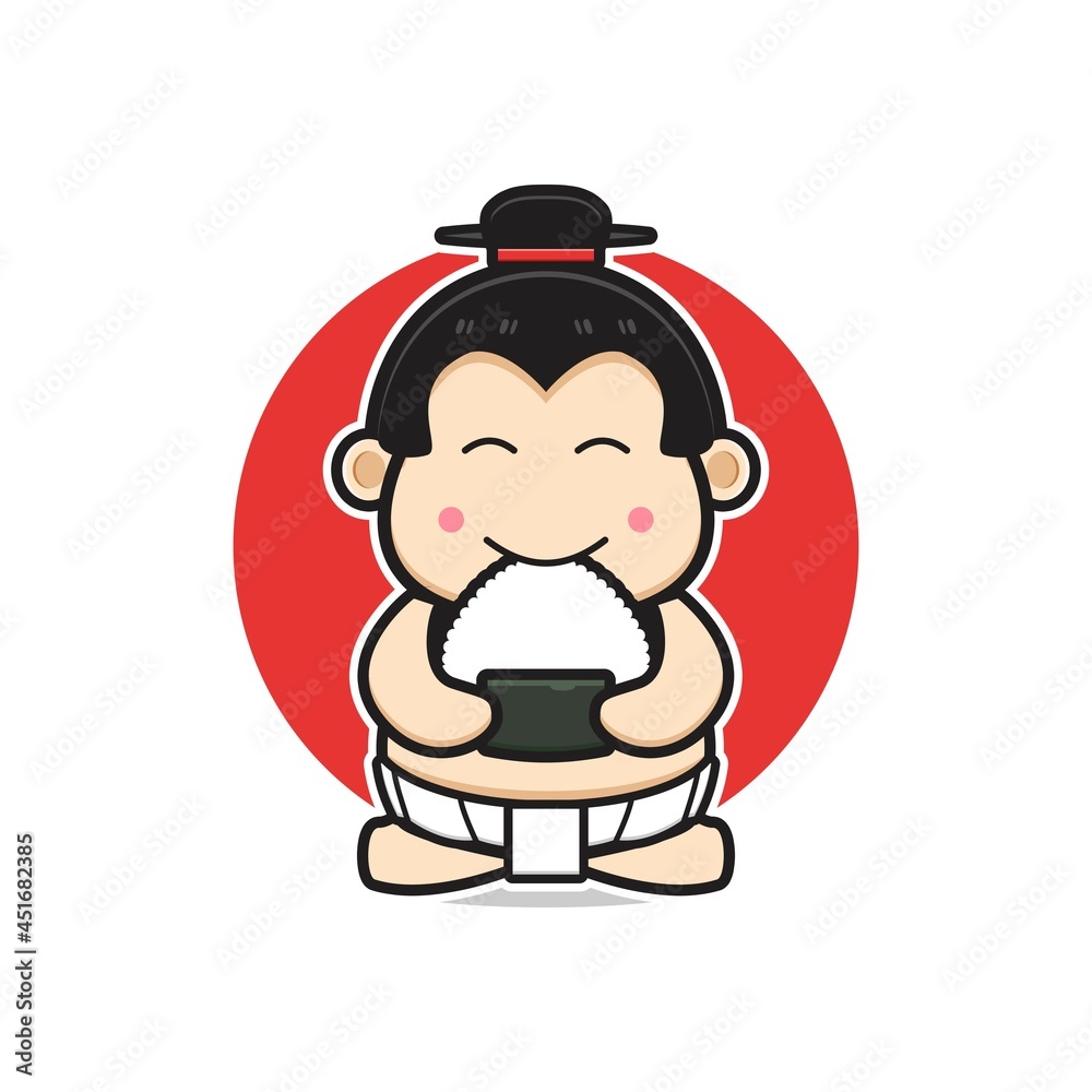 Cute sumo eat onigiri cartoon icon illustration