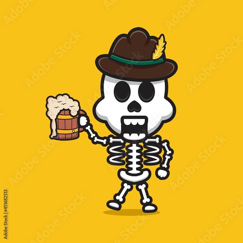Cute skeleton celebrate oktoberfest cartoon icon illustration