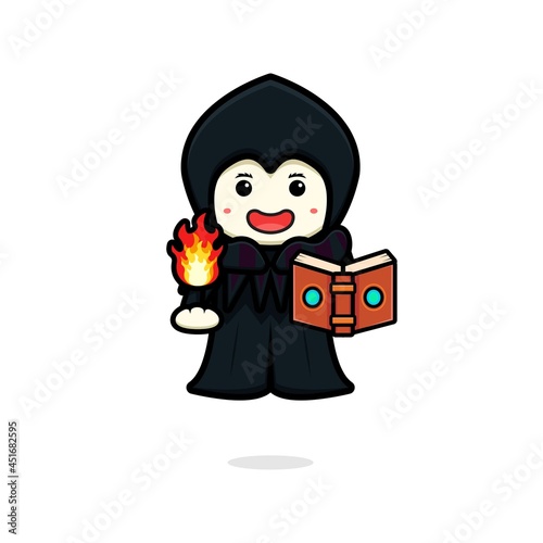Cute witch magician cast fire spell cartoon icon illustration