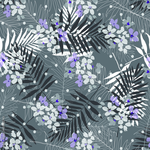 Trendy vector seamless tropical pattern with exotic forest. Bright and Colorful original stylish floral background print