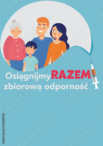 Szczepienia przeciw COVID. flyer ze szczęśliwa rodzina. vector