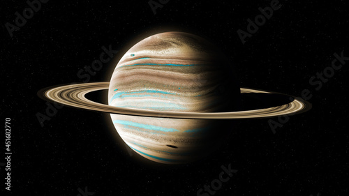 Extrasolar planet with brown and cyan colors, and rings like saturn. Fantasy gas planet