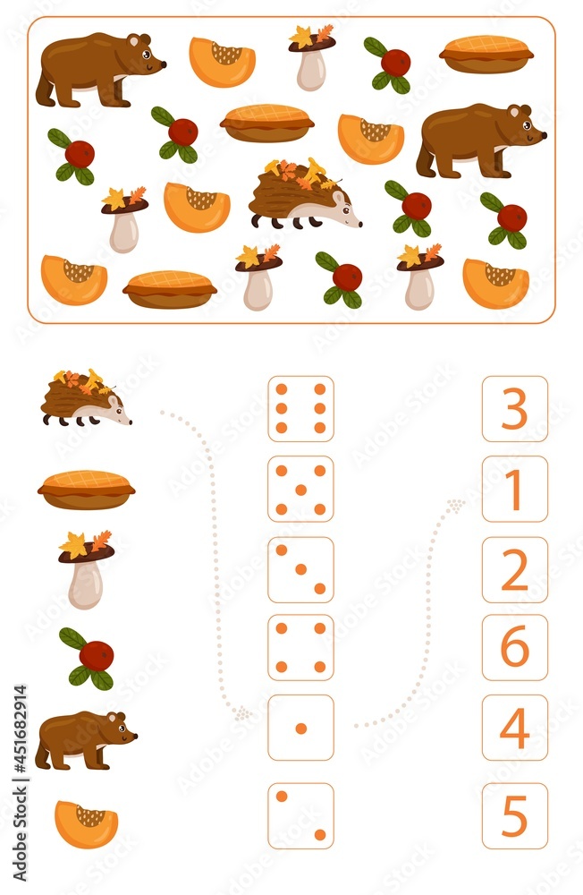 Worksheet for teaching mathematics and numeracy on the topic of autumn. For preschool children and kindergarten children who study numbers and counting. Vector illustration