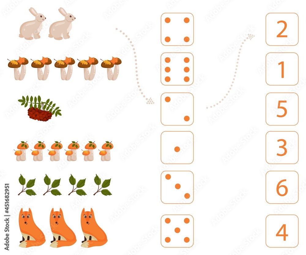Fototapeta premium Worksheet for teaching mathematics and numeracy on the topic of autumn. For preschool children and kindergarten children who study numbers and counting. Vector illustration