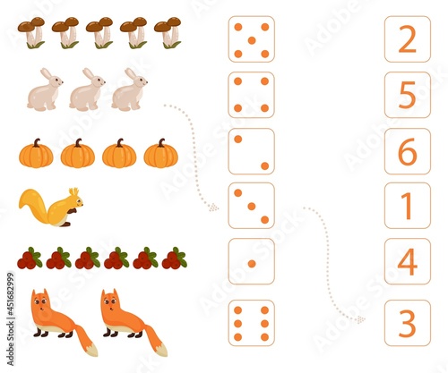 Worksheet for teaching mathematics and numeracy on the topic of autumn. For preschool children and kindergarten children who study numbers and counting. Vector illustration