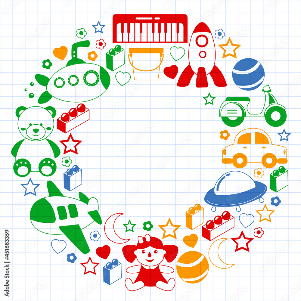 Vector pattern with the collection of toys. Doll, submarine, plane, ship. Children and kindergarten illustration. Vector pattern with the collection of toys. Doll, submarine, plane, ship. Children and kindergarten illustration.