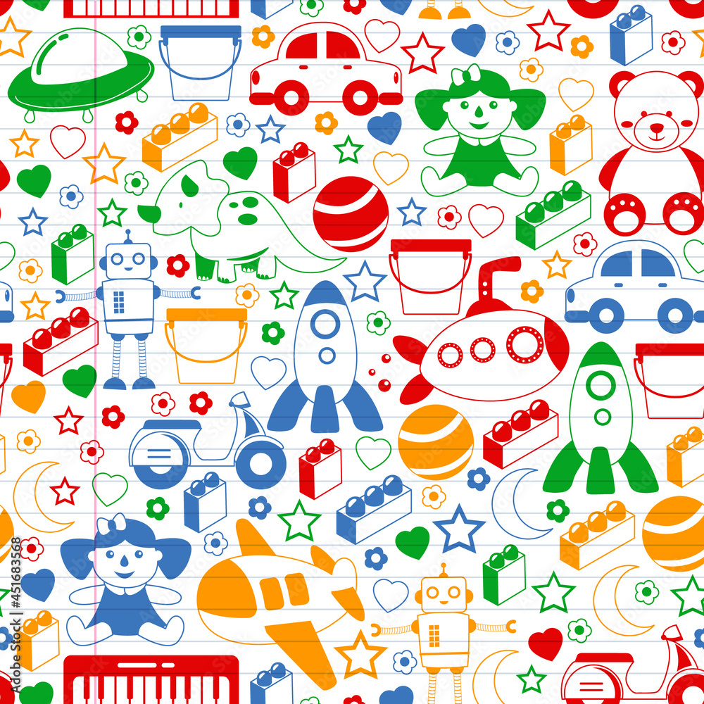 Vector pattern with the collection of toys. Doll, submarine, plane, ship. Children and kindergarten illustration.