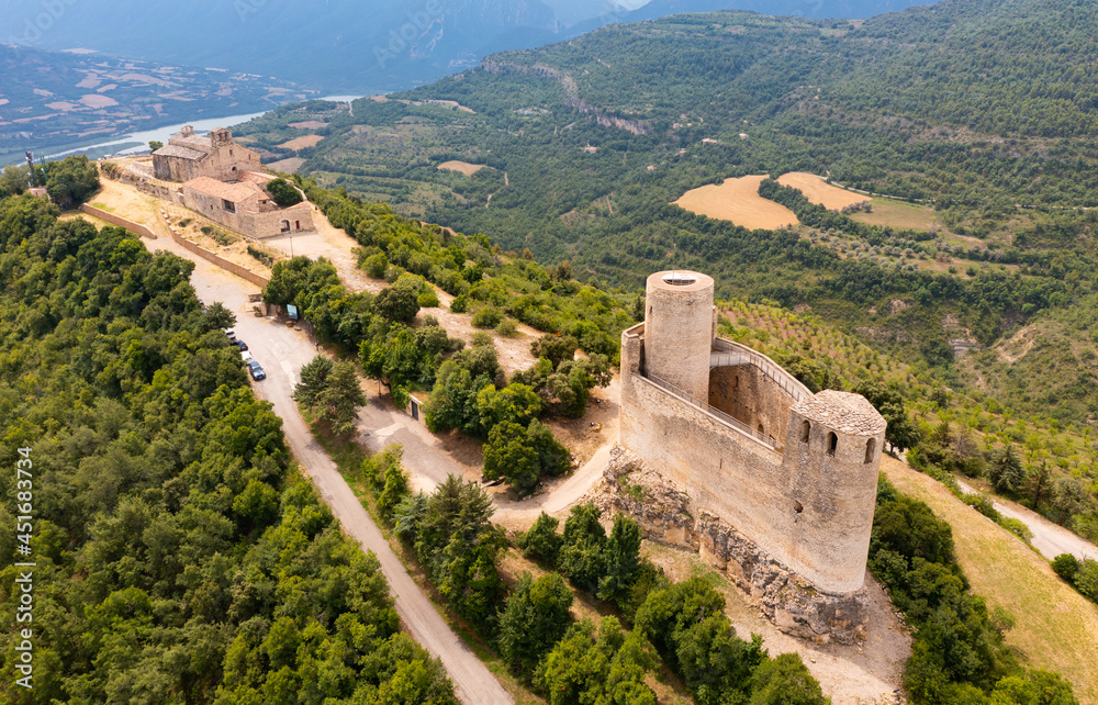 View from drone old Mur castle in spanish municipality Castell de Mur in Catalonia, Spain