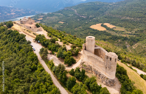 View from drone old Mur castle in spanish municipality Castell de Mur in Catalonia, Spain photo