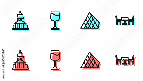 Set line Louvre glass pyramid, Museum building, Wine and French cafe icon. Vector