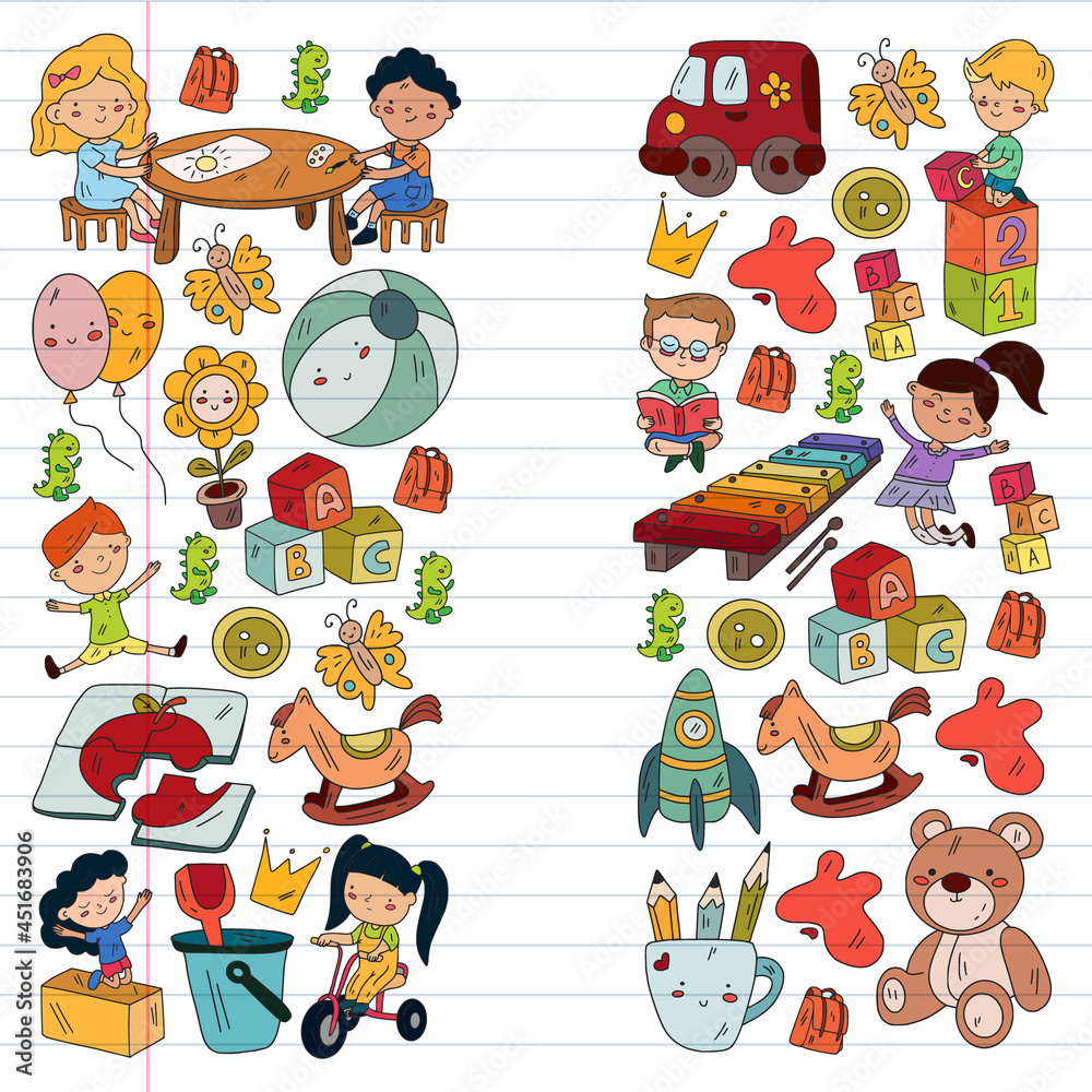 Fototapeta premium Children play with toys in the kindergarten. Kids playground. Education, creativity, imagination.