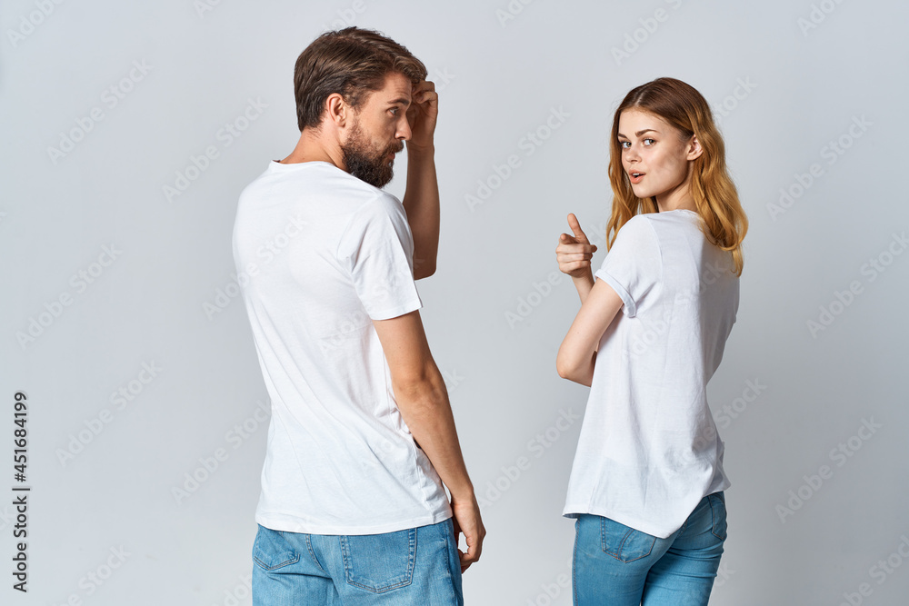 man and woman hugging in white t-shirts mockup back view man and woman hugging in white t-shirts mockup back view