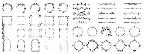 Ornamental dividers and floral borders set. Retro frame, or arch for a picture, diploma or certificate vignette ornate and royal wedding invitation card decor. Vector illustration