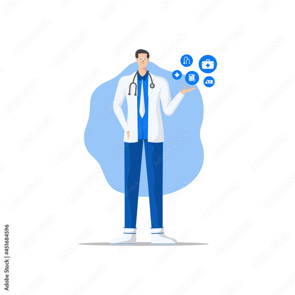vector illustration of male doctor decorated with medical service icons