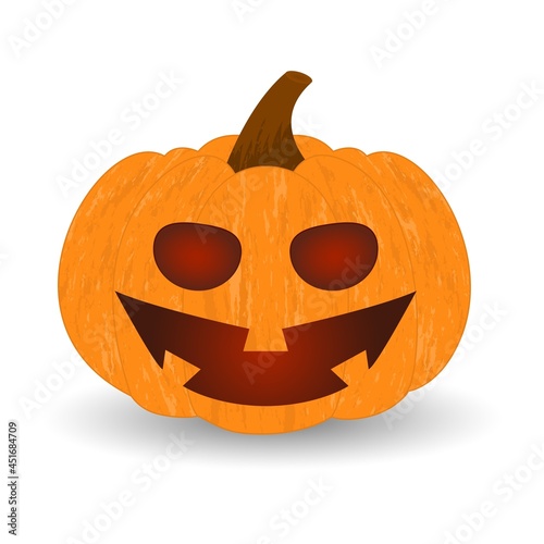 Halloween cool pumpkin. Fiercely grinning mystical orange punkin for decoration on festive interior. Red gradient glowing eyes with vector mouth