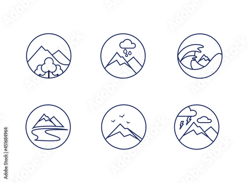 Mountain line round icons set. Collection of logos