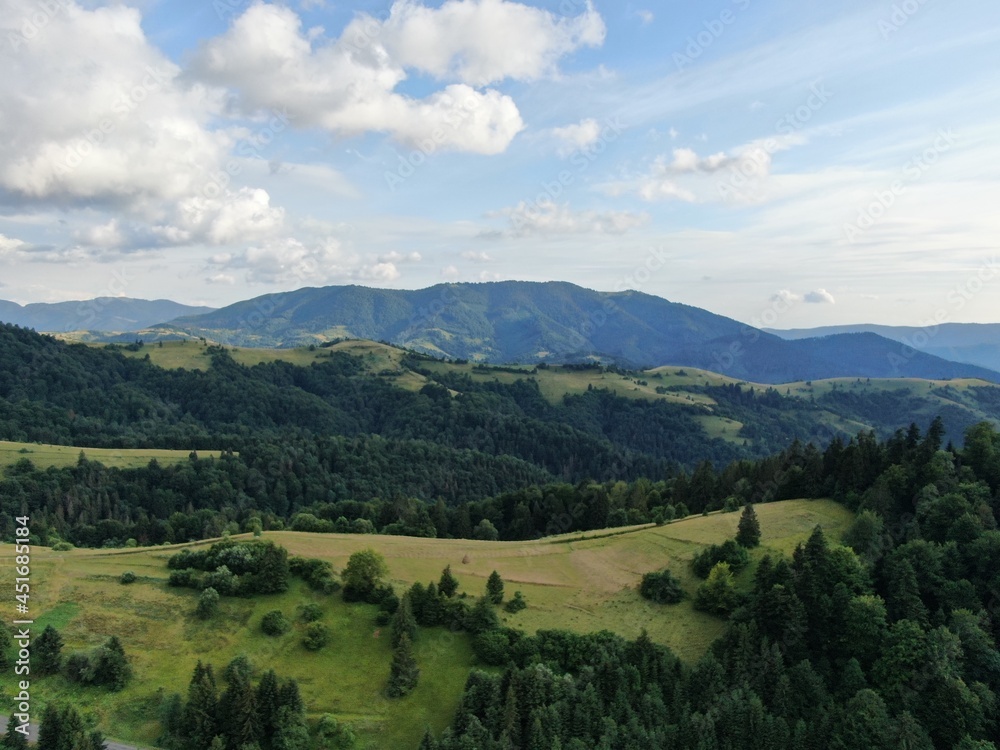 Aerial drone panorama of the Carpathian Mountains.