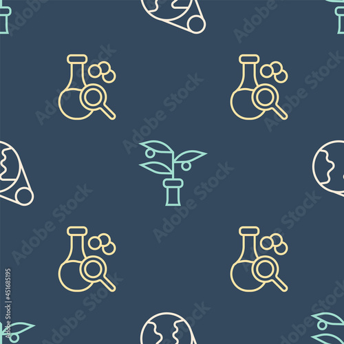 Set line Earth globe, Test tube and Plant breeding on seamless pattern. Vector