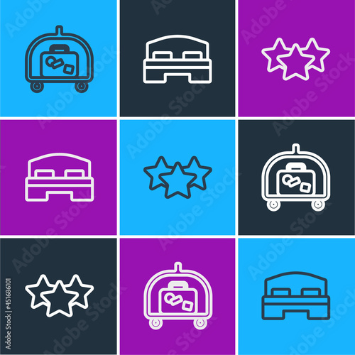 Set line Hotel luggage cart, Stars rating and room bed icon. Vector