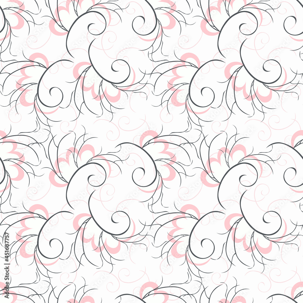 Simple vector seamless pattern. Creative leaves with openwork branches. Gray and pale pink on a white background. Fashionable design suitable for textile prints, banners, wallpapers, packaging Simple vector seamless pattern. Creative leaves with openwork branches. Gray and pale pink on a white background. Fashionable design suitable for textile prints, banners, wallpapers, packaging