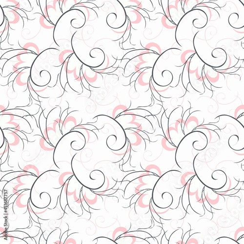 Simple vector seamless pattern. Creative leaves with openwork branches. Gray and pale pink on a white background. Fashionable design suitable for textile prints, banners, wallpapers, packaging