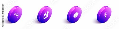 Set Isometric Breast pump, Yogurt in bottle with spoon, Little boy head and Rattle baby toy icon. Vector
