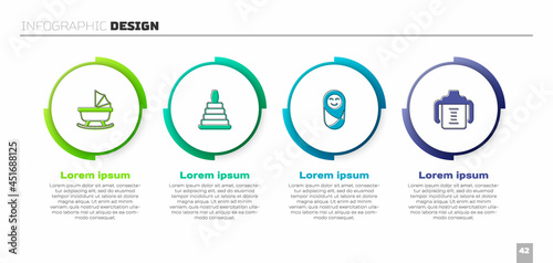 Set Baby stroller, Pyramid toy, Newborn baby infant swaddled and bottle. Business infographic template. Vector