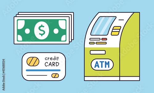 ATM bank machine with dollar bills banknotes stack and credit card isolated cartoon vector icons, cash money, loan, wages funds payment or atm withdrawal.
