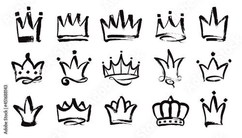Handdrawn crowns. Royal crown painted by grunge brush, king crown sketch vector set