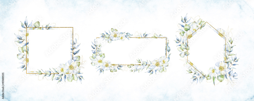 Three white and golden wedding frames with eucalyptus illustrations, rose hip flowers and golden clipart, for cards, invitations and post templates Three white and golden wedding frames with eucalyptus illustrations, rose hip flowers and golden clipart, for cards, invitations and post templates